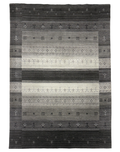 Modern gray and charcoal striped carpet in a wool and viscose blend, perfect for sophisticated interiors.