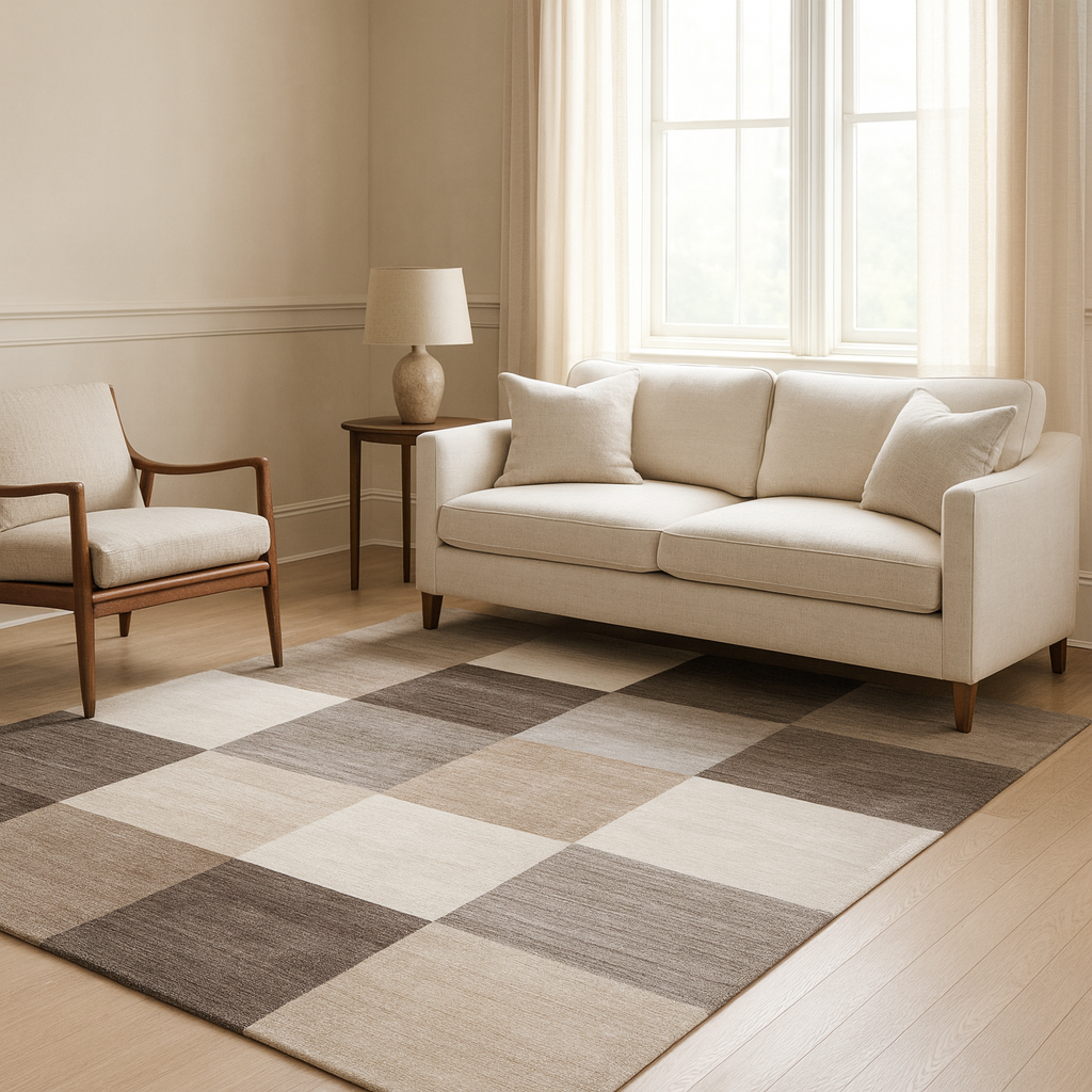Loom knotted wool carpet with a modern checker pattern in ivory, gray, and taupe tones.