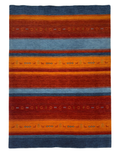 A modern carpet featuring bold stripes in blue and rust, made from a wool and cotton blend, perfect for contemporary spaces.