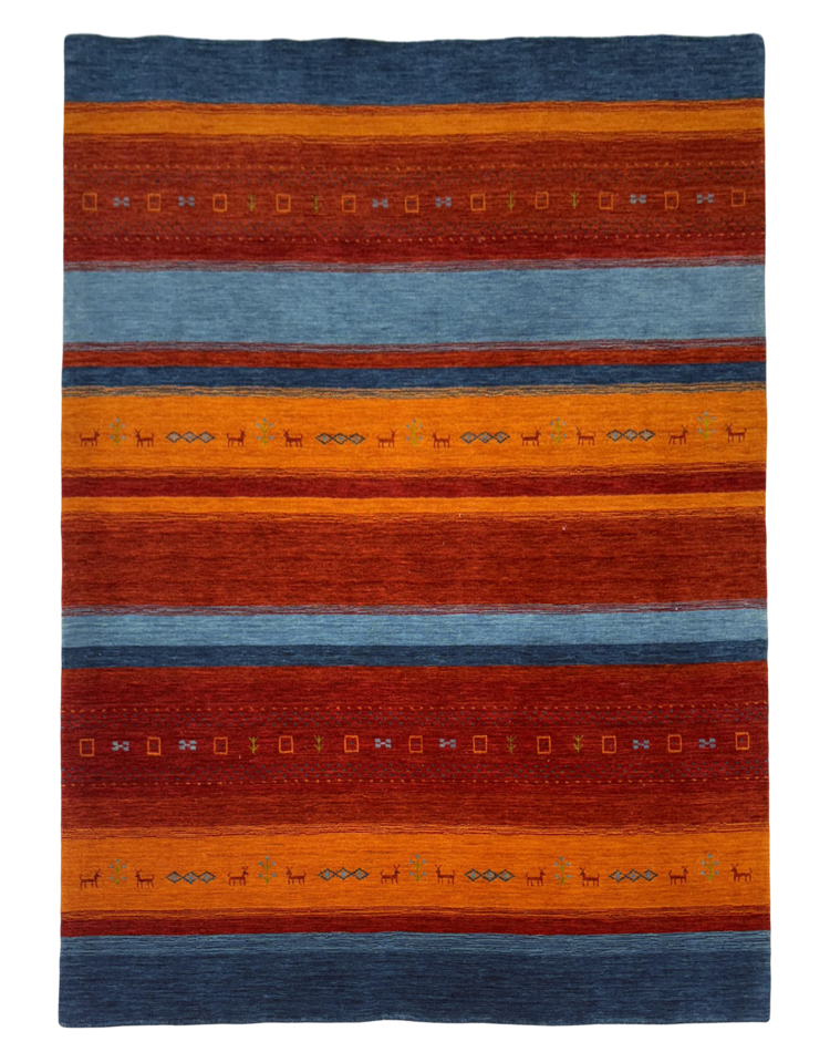A modern carpet featuring bold stripes in blue and rust, made from a wool and cotton blend, perfect for contemporary spaces.