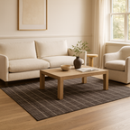 Modern checker patterned carpet in charcoal with a wool and cotton blend, ideal for living rooms or offices.