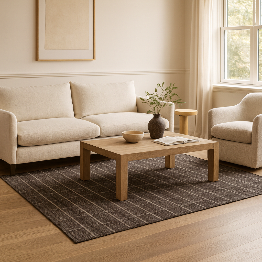 Modern checker patterned carpet in charcoal with a wool and cotton blend, ideal for living rooms or offices.