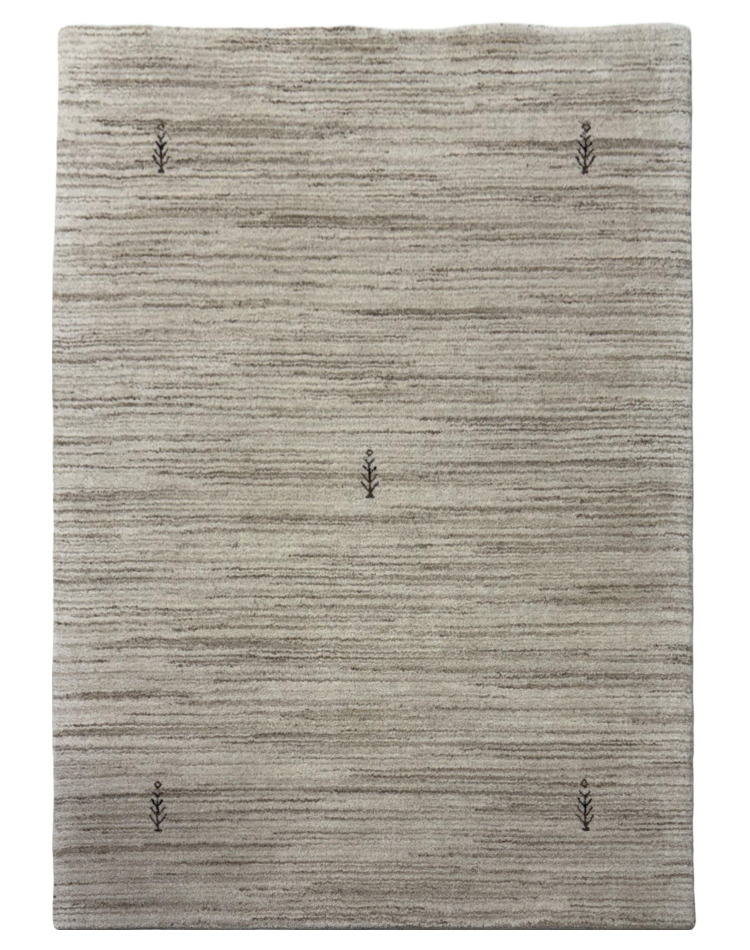 Elegant transitional carpet with a subtle striped pattern in sand color, made of wool and cotton.