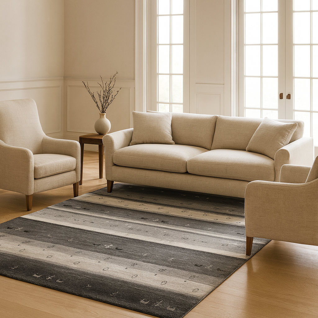 Modern stripe carpet in shades of gray, charcoal, and ivory, crafted from natural wool and viscose, offering a luxurious feel.