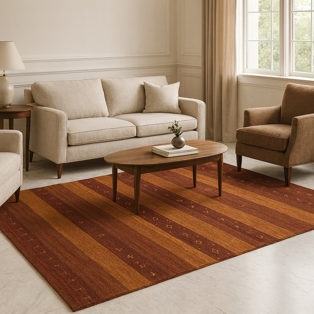 A modern wool carpet featuring burgundy and gold stripes, perfect for adding elegance to any room.