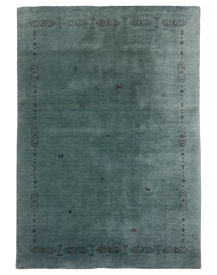 Teal transitional carpet with subtle border and loom knotted pattern, ideal for elegant home decor.