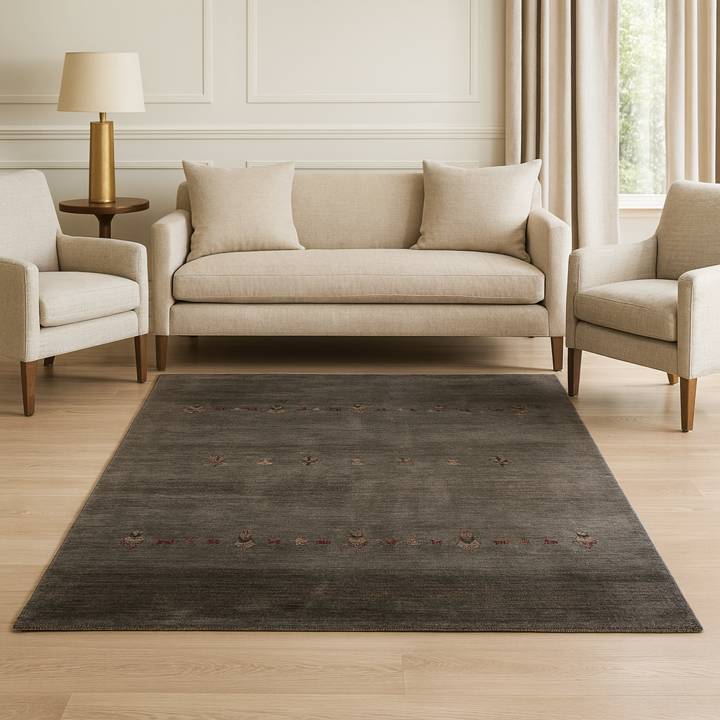 Luxurious modern charcoal carpet with geometric pattern and loom knotted design, ideal for contemporary interiors.