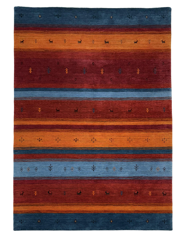 Modern stripe carpet in rich burgundy, teal, and terracotta colors, featuring a wool blend and loom-knotted craftsmanship.