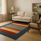 A modern stripe carpet featuring blue, red, and orange colors, handwoven with 100% wool.