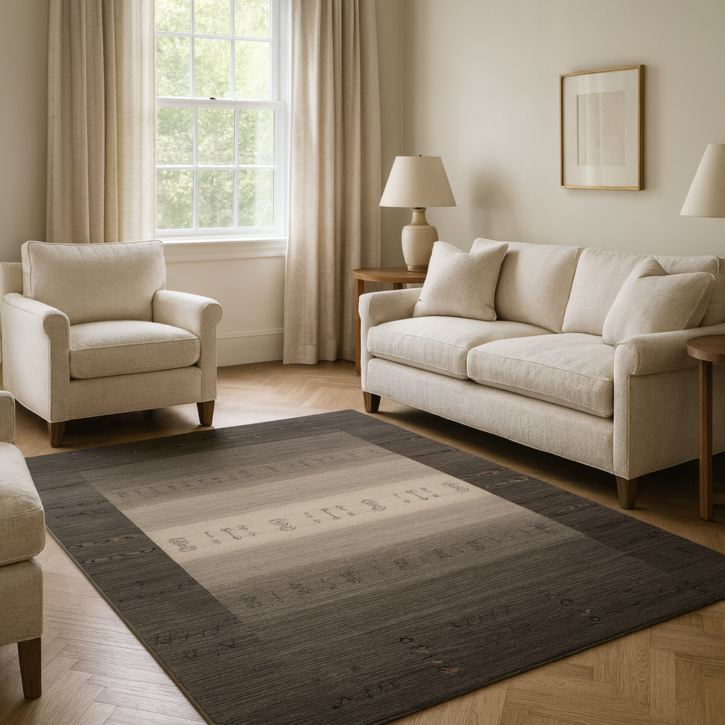 A modern gray striped carpet made from 60% wool and 40% viscose, ideal for contemporary spaces.