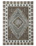 A transitional flat weave carpet with a medallion design in gray and beige tones, crafted from a wool and cotton blend.