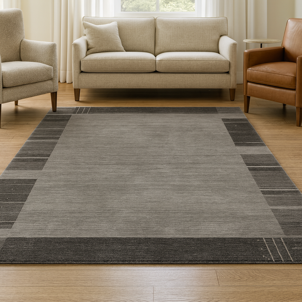 A modern geometric gray carpet featuring a sleek design with black accents on a marble floor.