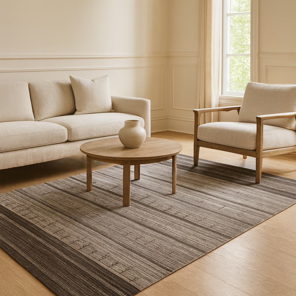 A modern stripe carpet in rich brown tones made from a blend of wool and viscose, featured on a marble floor.