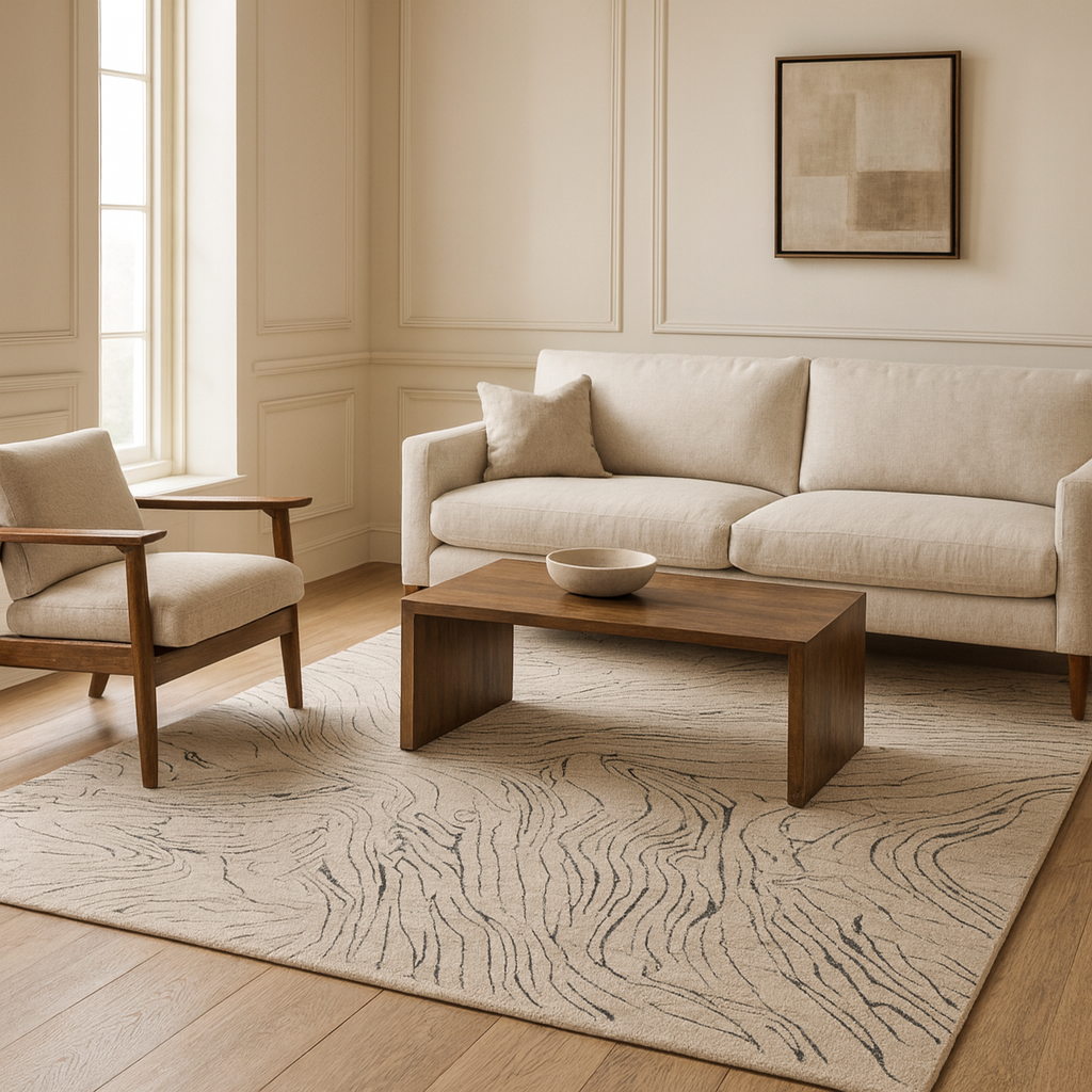 Luxurious modern abstract gray carpet made from wool and viscose, perfect for elevating home decor.
