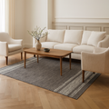 Gray wool flat weave carpet with modern stripe pattern ideal for contemporary spaces.