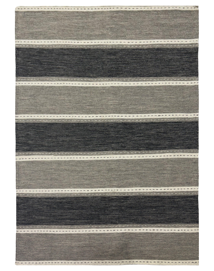 Gray wool carpet with alternating stripe pattern in a modern style, measuring 5'5 by 8 feet