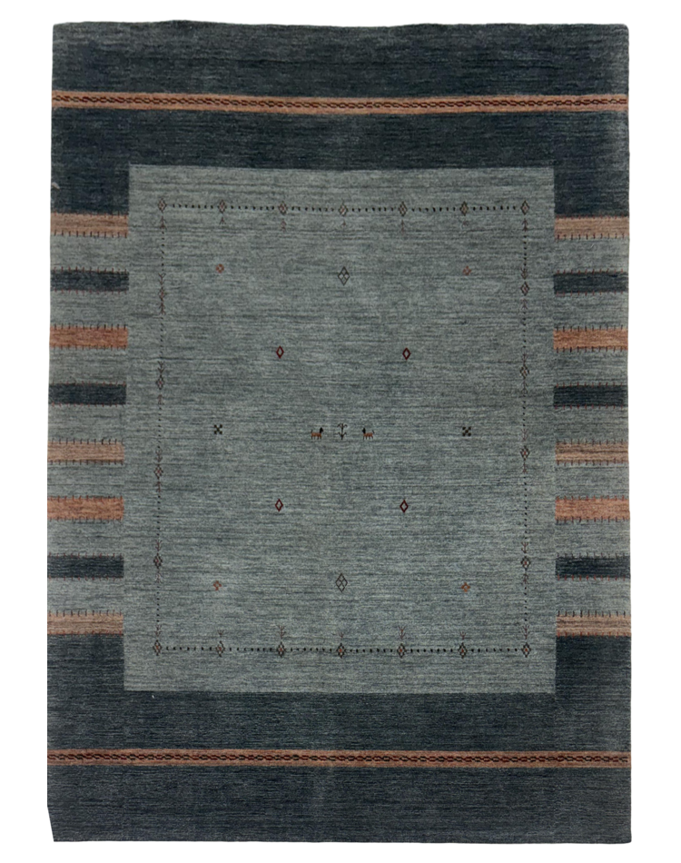 Luxurious transitional carpet with border pattern in petrol, terracotta, and charcoal hues, perfect for contemporary spaces.