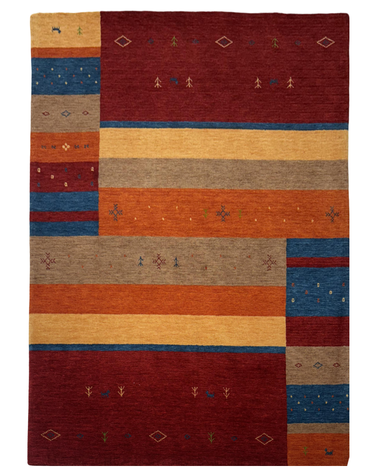 Transitional stripe carpet with red, orange, and teal colors, loom knotted.