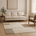 Elegant modern flat weave wool carpet in cream and taupe with stripe pattern.