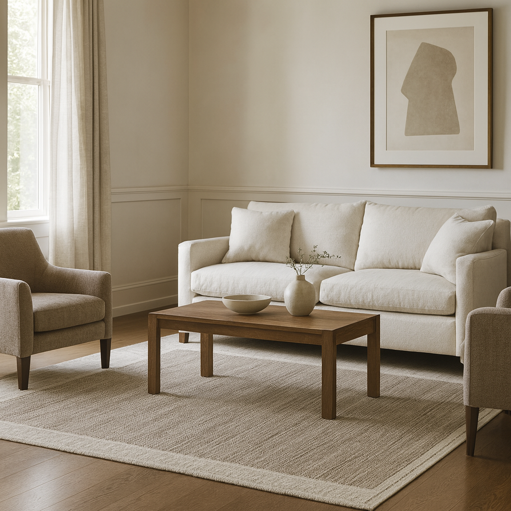 Brown wool flat weave carpet with modern stripe pattern on marble flooring.