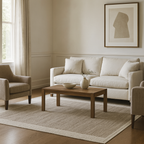 Brown wool flat weave carpet with modern stripe pattern on marble flooring.