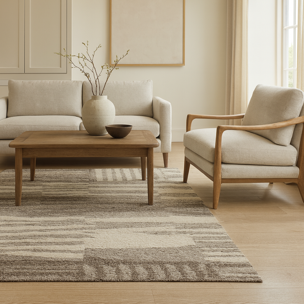 A luxurious brown and ivory modern geometric wool carpet laid on a marble floor, showcasing a sophisticated design.