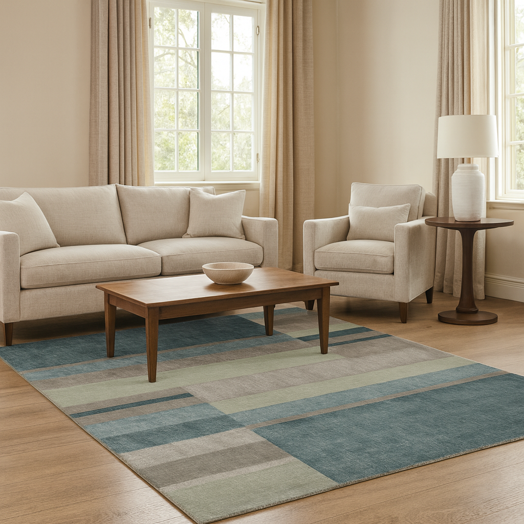 A modern blue carpet with a geometric pattern, featuring a blend of teal and sky colors.