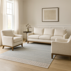 A modern stripe carpet in shades of blue and gray with a sophisticated flat weave design, ideal for contemporary spaces.