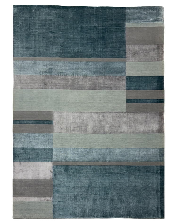 Geometric Blue Carpet in Viscose and Cotton Blend