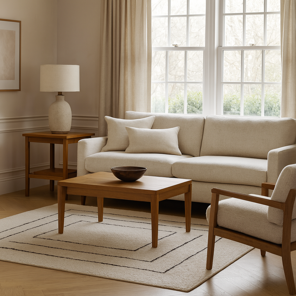 Beige wool carpet with a modern geometric pattern, perfect for a stylish home.