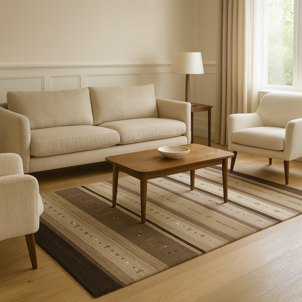 Modern striped carpet in shades of brown, offering a chic and contemporary design ideal for various interior spaces.