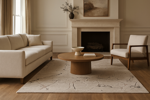 A modern gray carpet with an abstract hand-loomed design, showcasing a luxurious viscose blend.