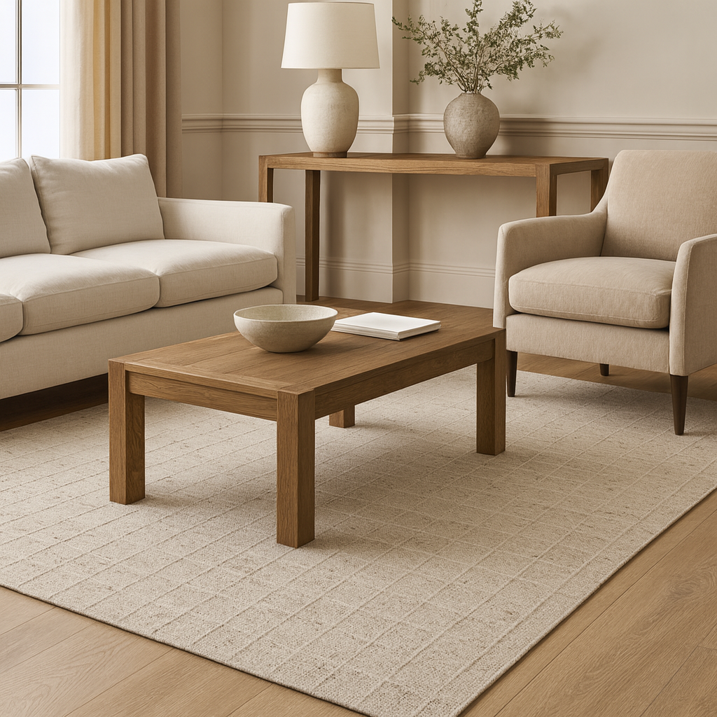 A modern gray checker-patterned carpet made of wool and cotton, displayed on a marble floor.