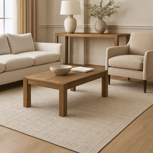 A modern gray checker-patterned carpet made of wool and cotton, displayed on a marble floor.