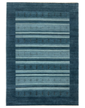 Modern blue carpet with stripe design made from wool and viscose, ideal for living rooms and bedrooms.