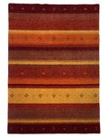 Modern striped carpet in red, orange, and mustard with loom knotted design.