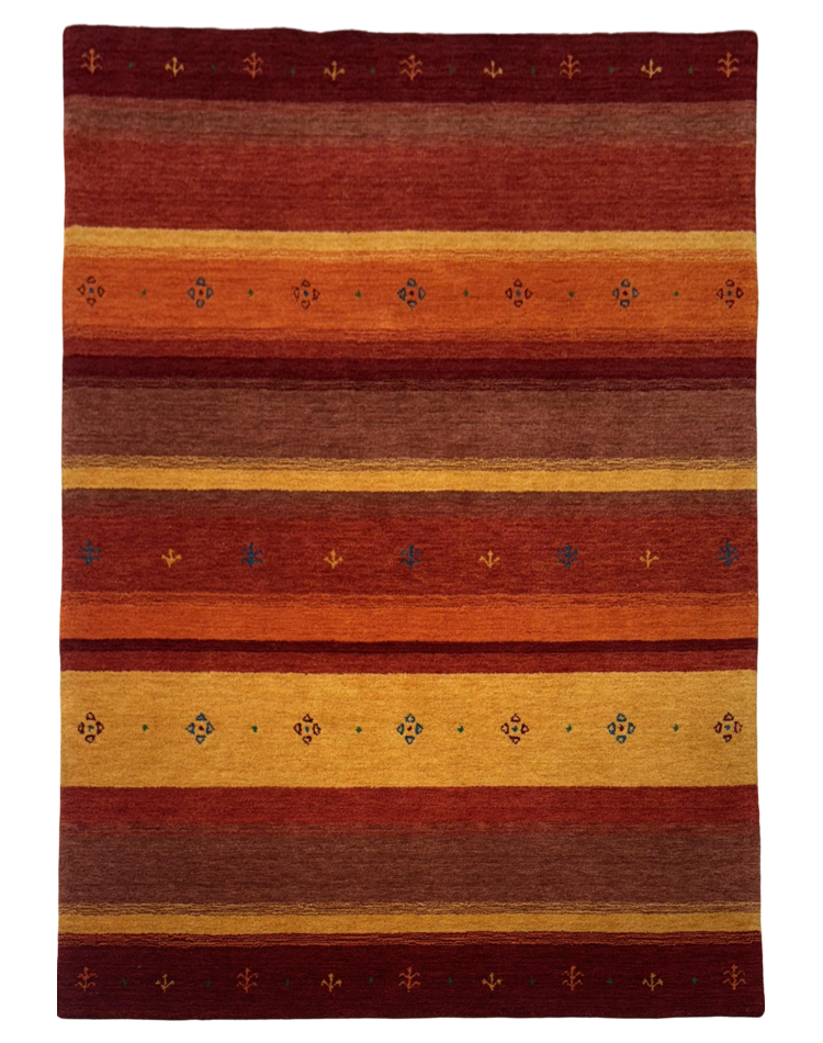 Modern striped carpet in red, orange, and mustard with loom knotted design.