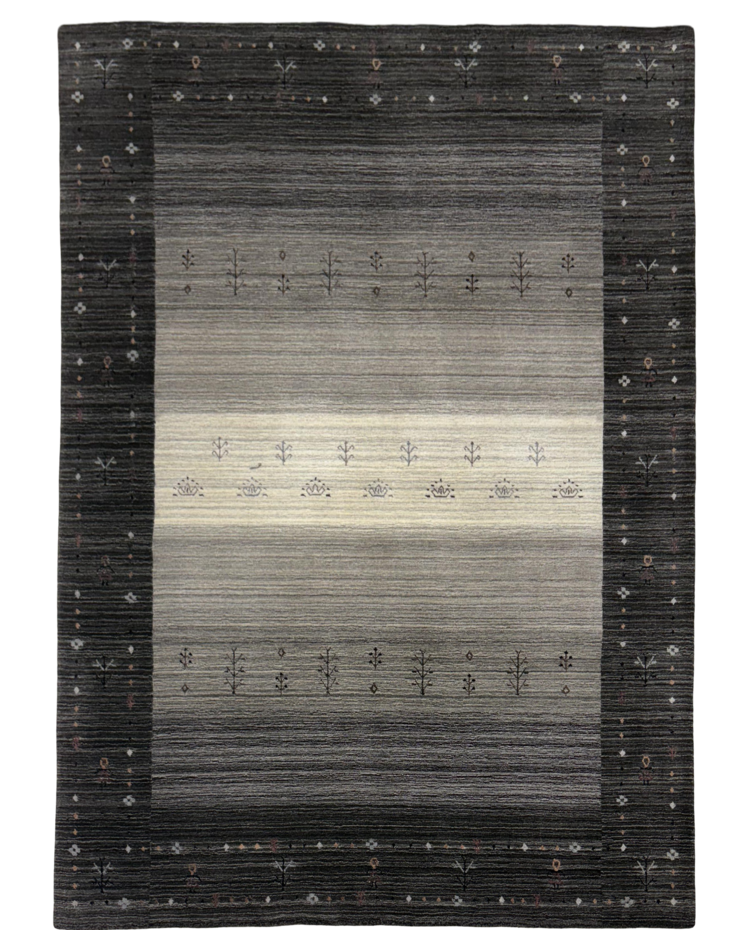 Elegant transitional border carpet in shades of gray and beige, featuring a soft wool and viscose texture.