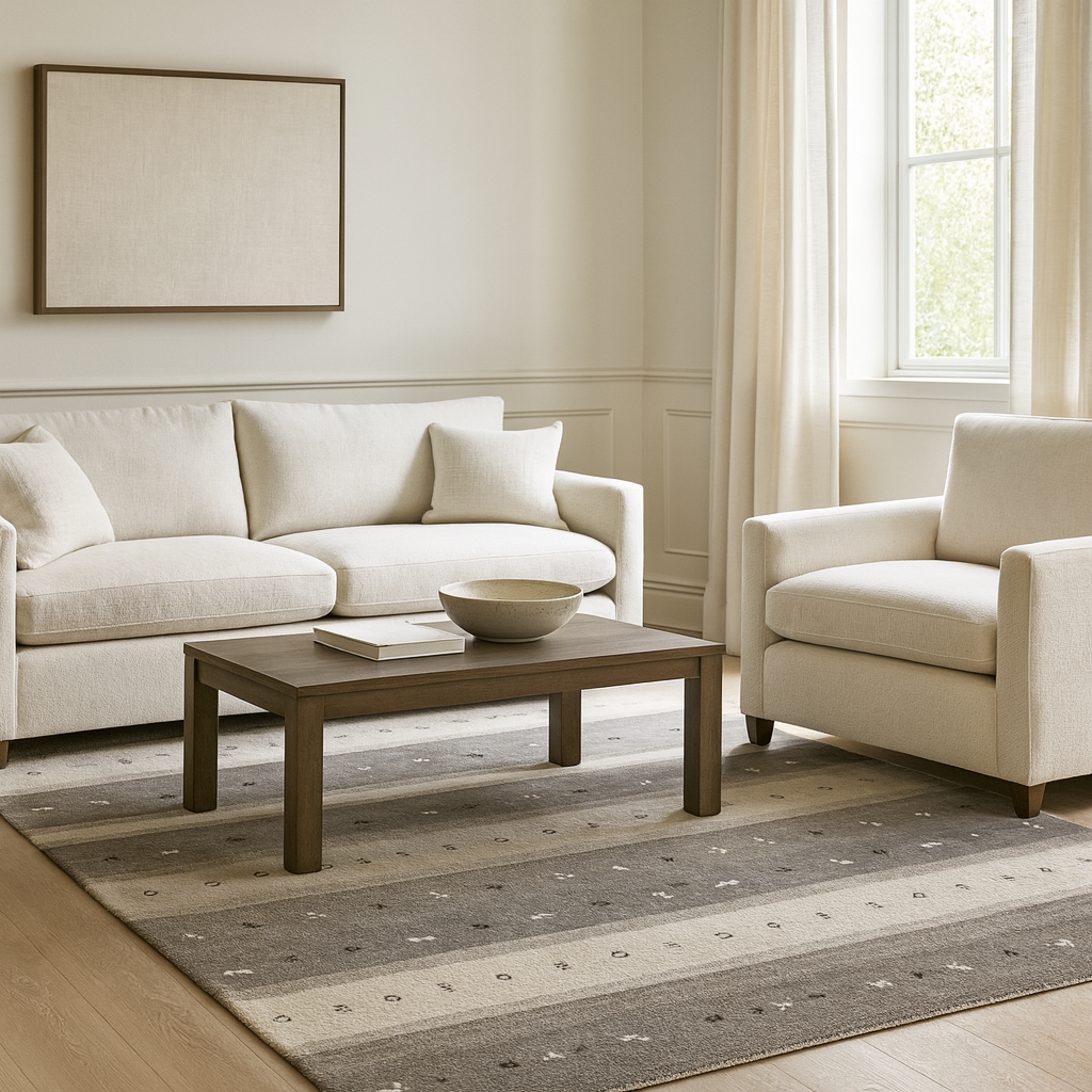 Modern stripe carpet in shades of gray, charcoal, and ivory, made from a luxurious wool blend.