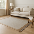 A modern flat weave wool carpet featuring a geometric pattern with sand, gray, and chocolate colors.