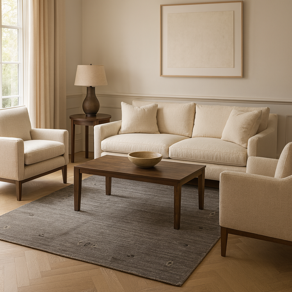 Modern loom-knotted carpet with a geometric pattern in charcoal gray, ideal for living room or office.