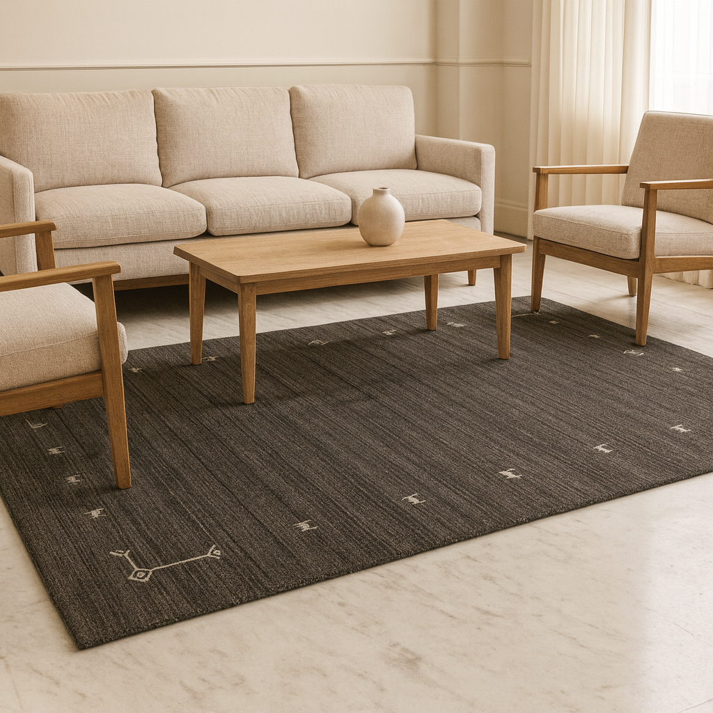 Modern geometric black carpet with subtle patterns, loom-knotted with wool and viscose blend, perfect for contemporary interiors.