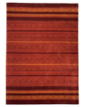 Modern loom-knotted carpet with red and terracotta stripe pattern made of wool and viscose, 5'5x8 ft.