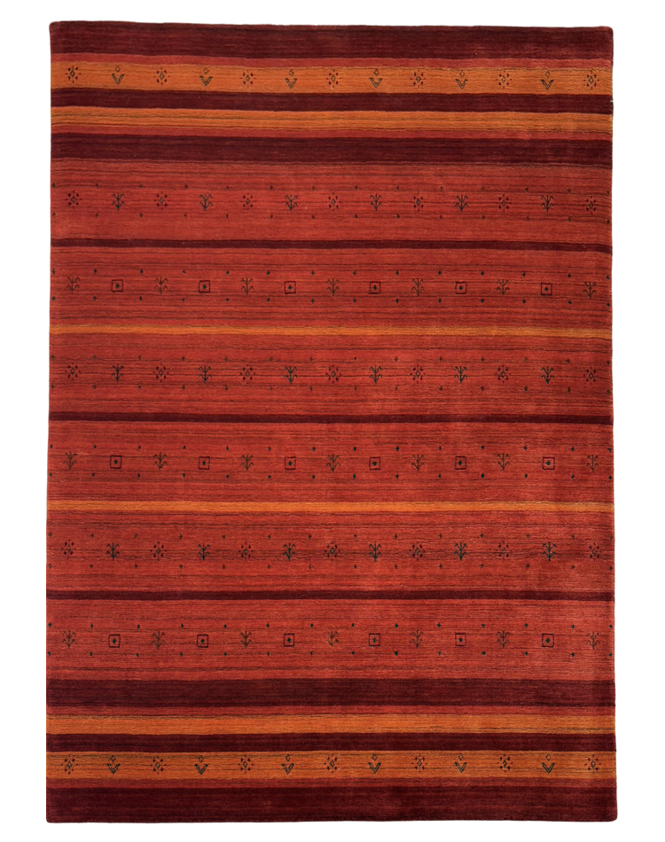 Modern loom-knotted carpet with red and terracotta stripe pattern made of wool and viscose, 5'5x8 ft.