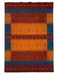 Loom knotted red wool carpet with ochre and teal stripes, 5'5x8 ft, perfect for a modern and cozy room.