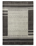 Modern stripe pattern gray carpet on a marble floor, luxurious wool and viscose blend.