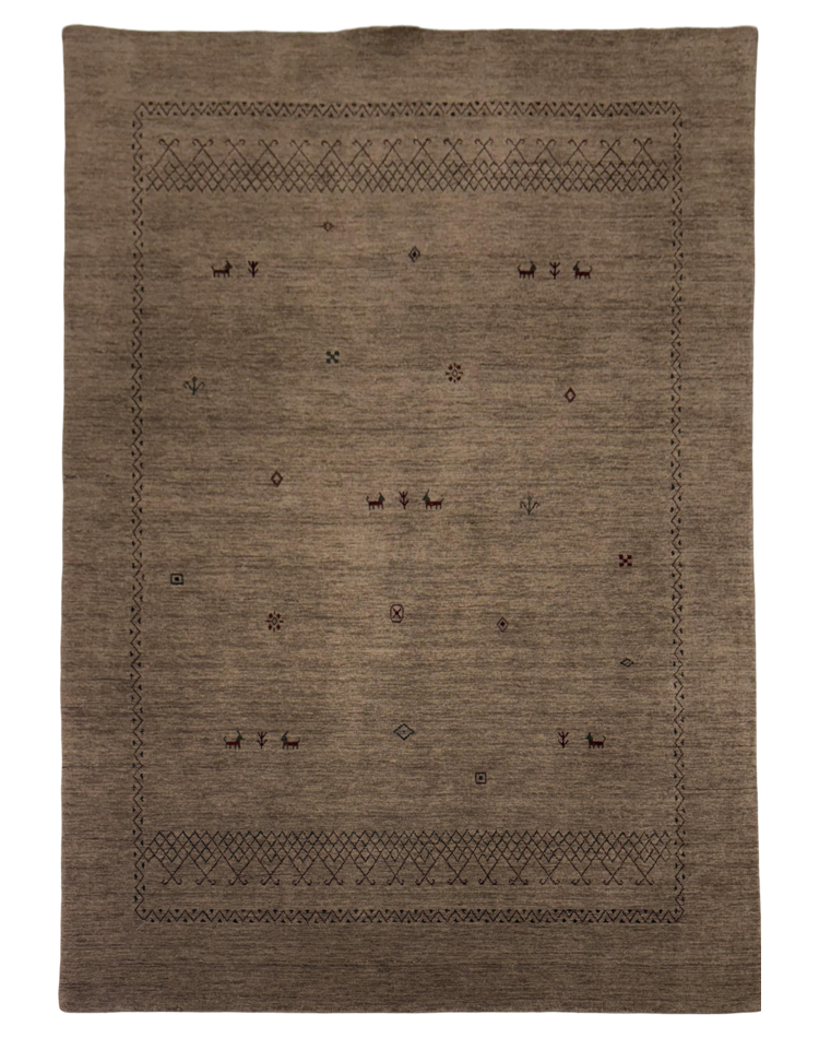 Transitional carpet featuring a border pattern in warm chocolate brown, crafted from 100% wool, measuring 5'5x8 ft.