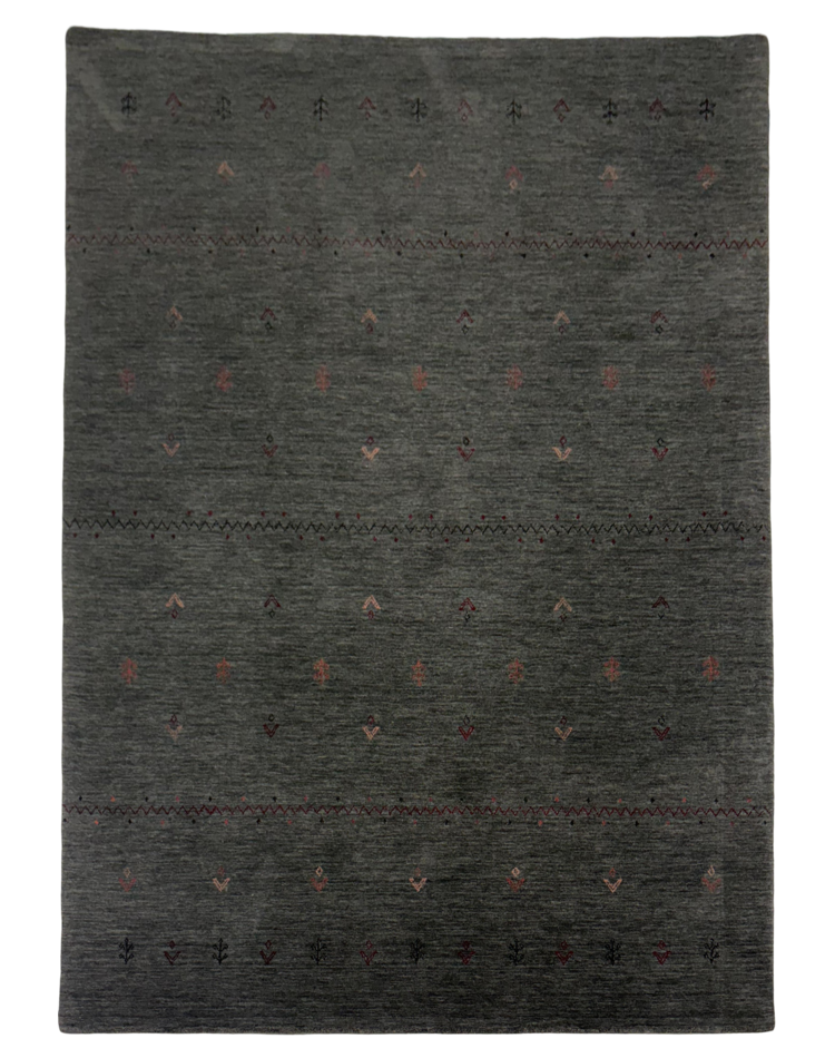 A luxurious charcoal wool transitional carpet with geometric patterns.