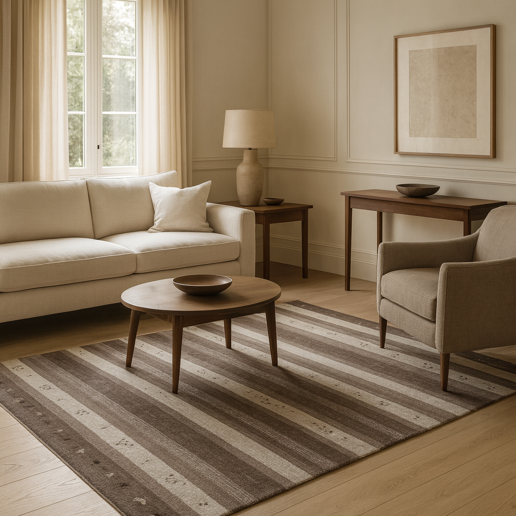 Luxurious modern stripe carpet in brown and ivory, loom knotted from a viscose blend, 5'5x8 ft