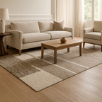 Modern geometric wool carpet in cream and brown tones, flat weave style, perfect for contemporary home decor